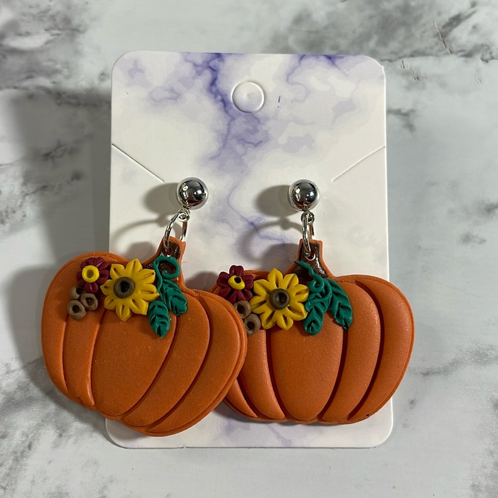 Handmade Pumpkin And Floral Dangle Earrings
